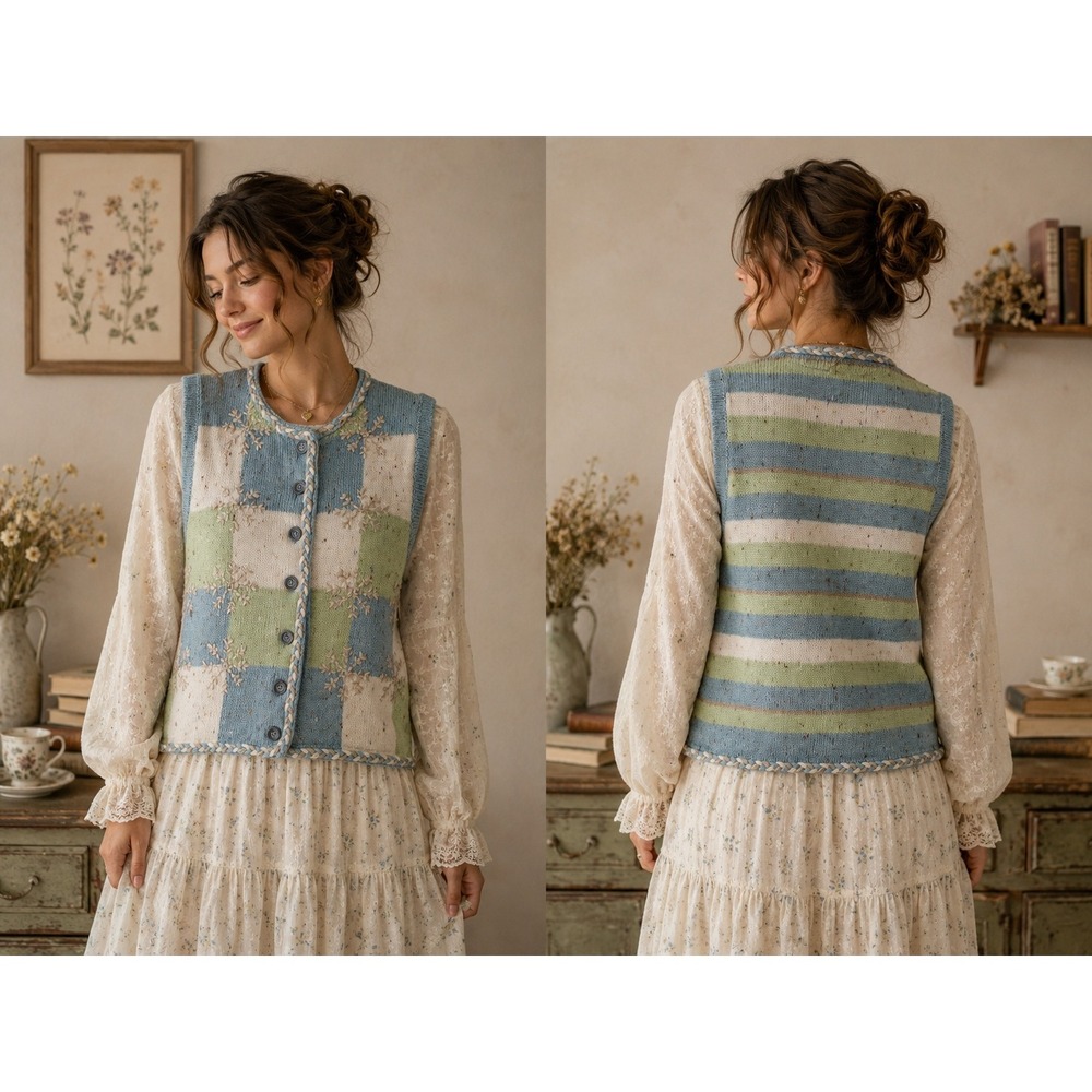 Boho Cottagecore Y2K IVY Embroidery BlueGreen Button Checkerboard S Petite Vest